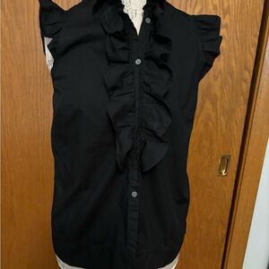 Black sleeveless JCrew button down top with ruffles on front.